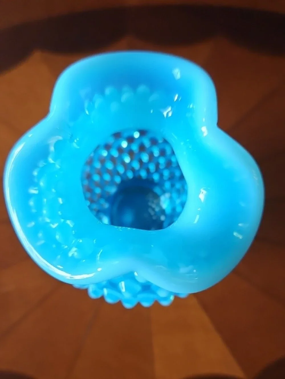 Vintage Fenton Blue Opalescent Hobnail Crimped Ruffled Glass  Miniature Vase